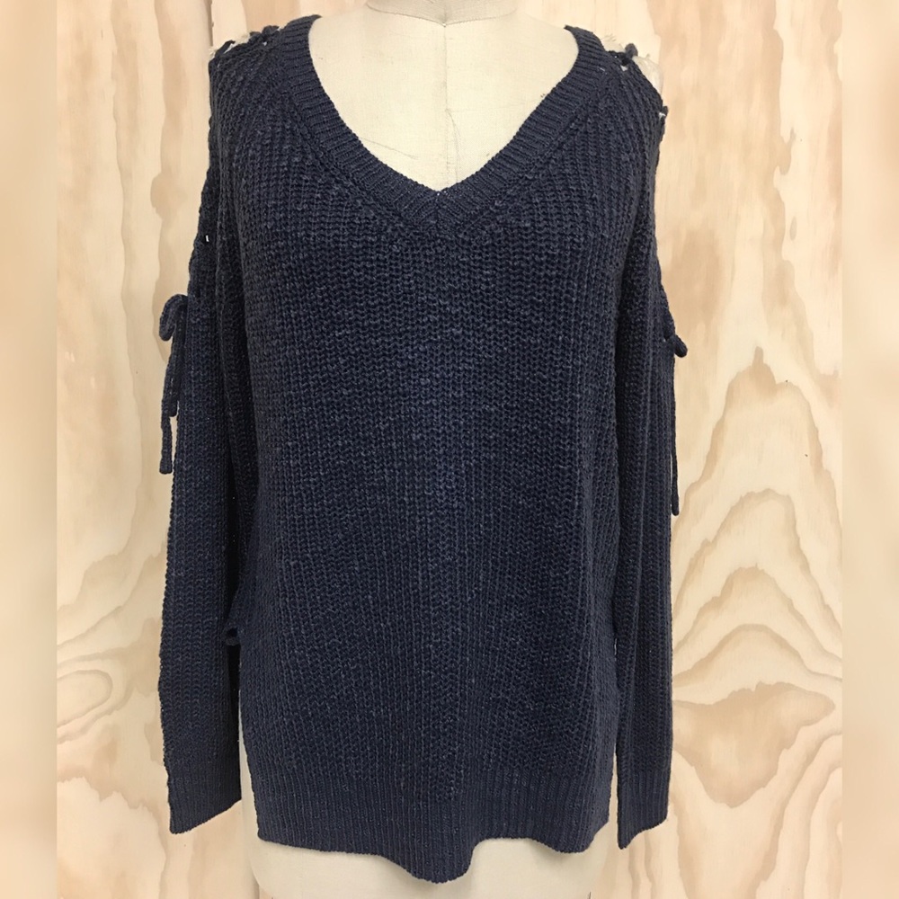 Navy Lace-Up Cold Shoulder Stitch Sweater