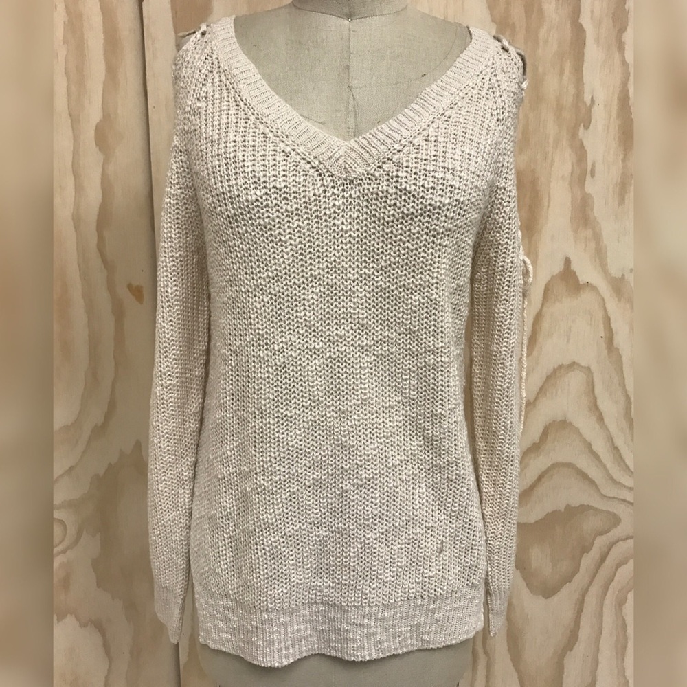 Oatmeal Lace-Up Cold Shoulder Stitch Sweater