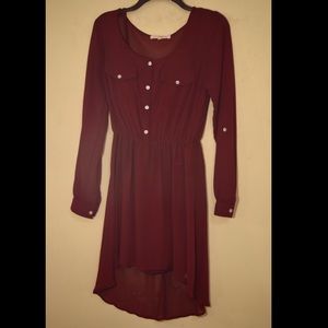 Burgundy sheer high-low button down dress