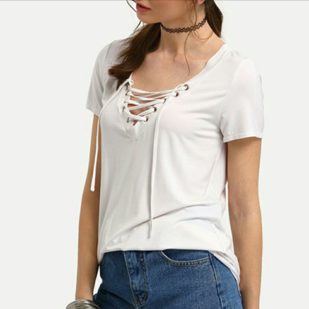SheIn Criss Cross White T Shirt