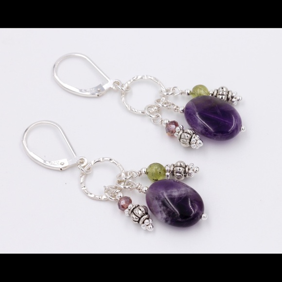 Amethyst Peridot Gemstone Earrings 925 Sterling Silver - Picture 1 of 4