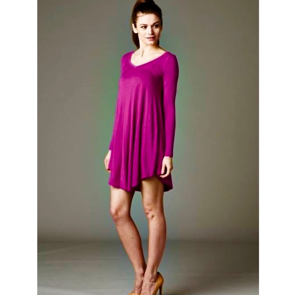 Magenta V Neck Longsleeve Trapeze Boho Dress