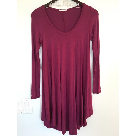 Magenta V Neck Longsleeve Trapeze Boho Dress - Picture 2 of 3
