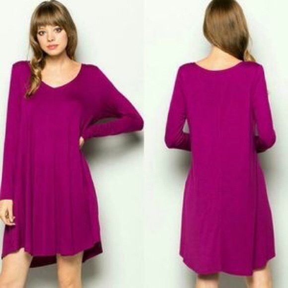 Magenta V Neck Longsleeve Trapeze Boho Dress - Picture 3 of 3