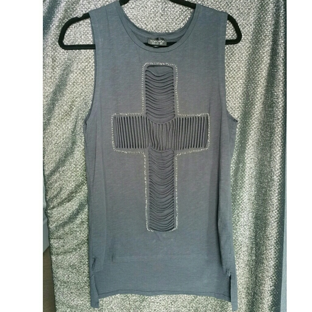 TOPSHOP 🕇 ripped cross chain tank, gray, size 8