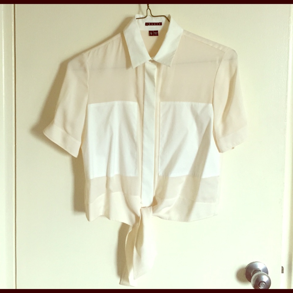 Theory Silk Button-down Tie Crop Top Blouse