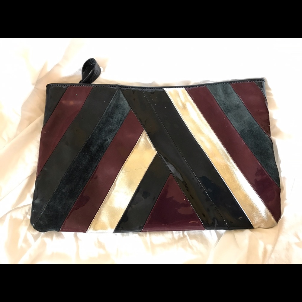 GoldenBleu patent leather and suede clutch