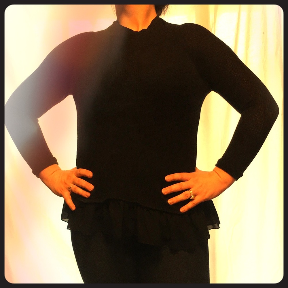 Cute black sweater cowl neck, ruffle hem sz Lg