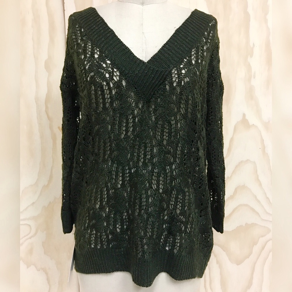 Olive V-neck see through sweater