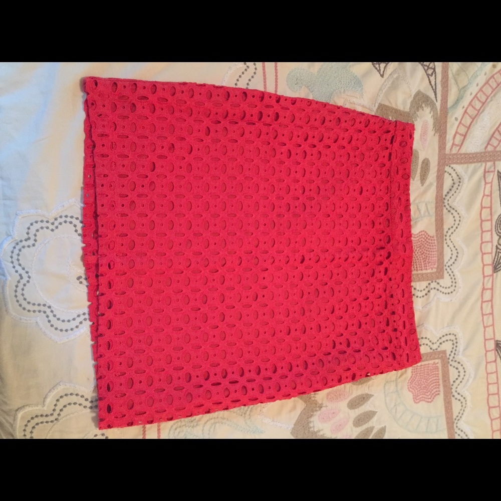Red eyelet pencil skirt