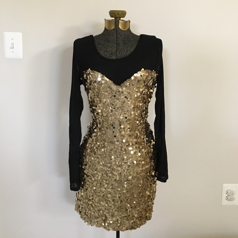 Gold Sequin Dress Mesh Long Sleeves