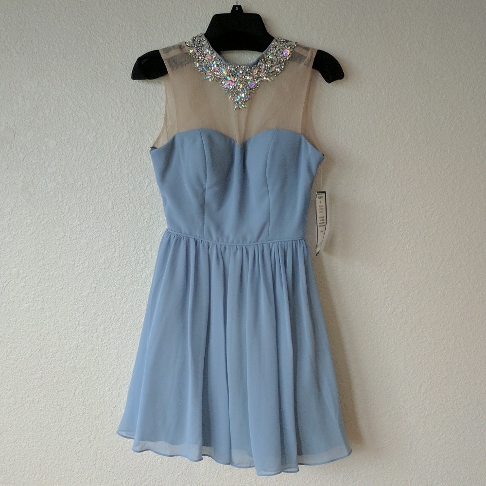 Blue Prom Dress with Bejeweled Neckline