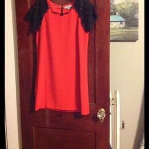 Camilla Tree red dress, black lace shortsleeve