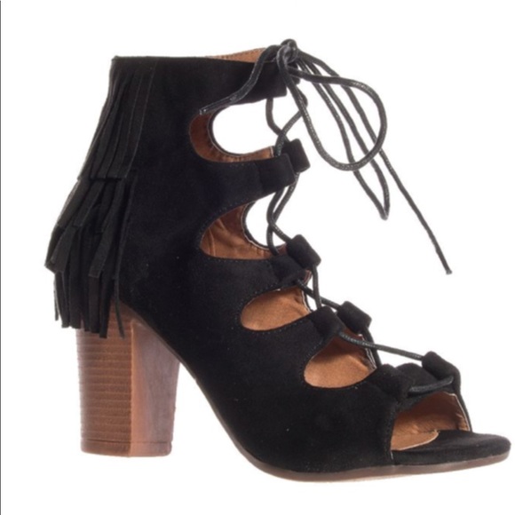 LADIES BLACK PEEP TOE LACE UP FRINGE BOOTIES - Picture 5 of 7