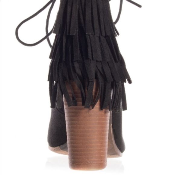 LADIES BLACK PEEP TOE LACE UP FRINGE BOOTIES - Picture 6 of 7