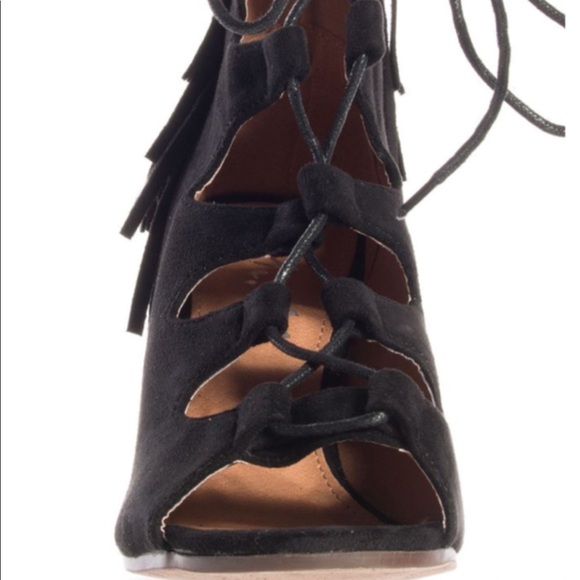 LADIES BLACK PEEP TOE LACE UP FRINGE BOOTIES - Picture 7 of 7