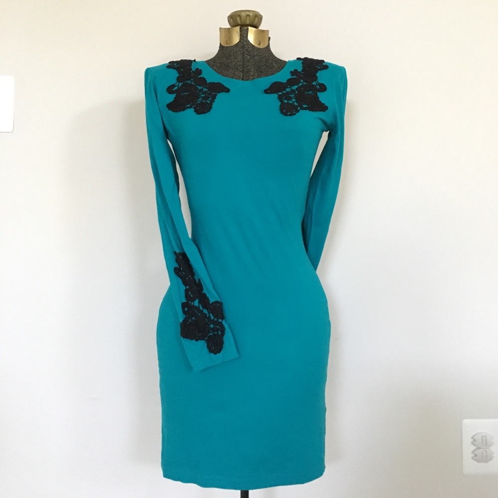 Teal Long Sleeve Dress Black Crochet Appliqué