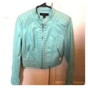 Teal crop leather jacket with studs