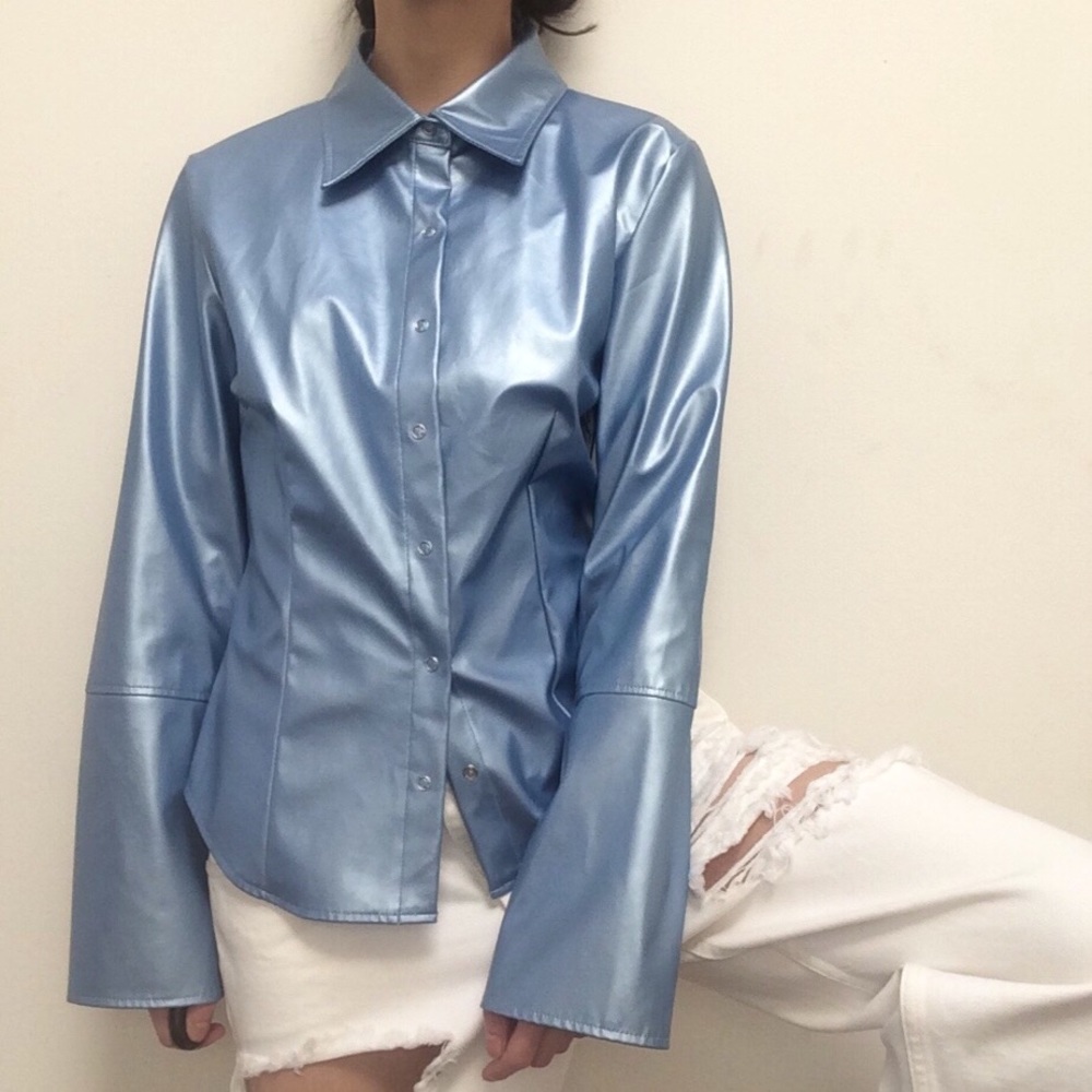 SOLD vtg y2k metallic blue PU button-down shirt
