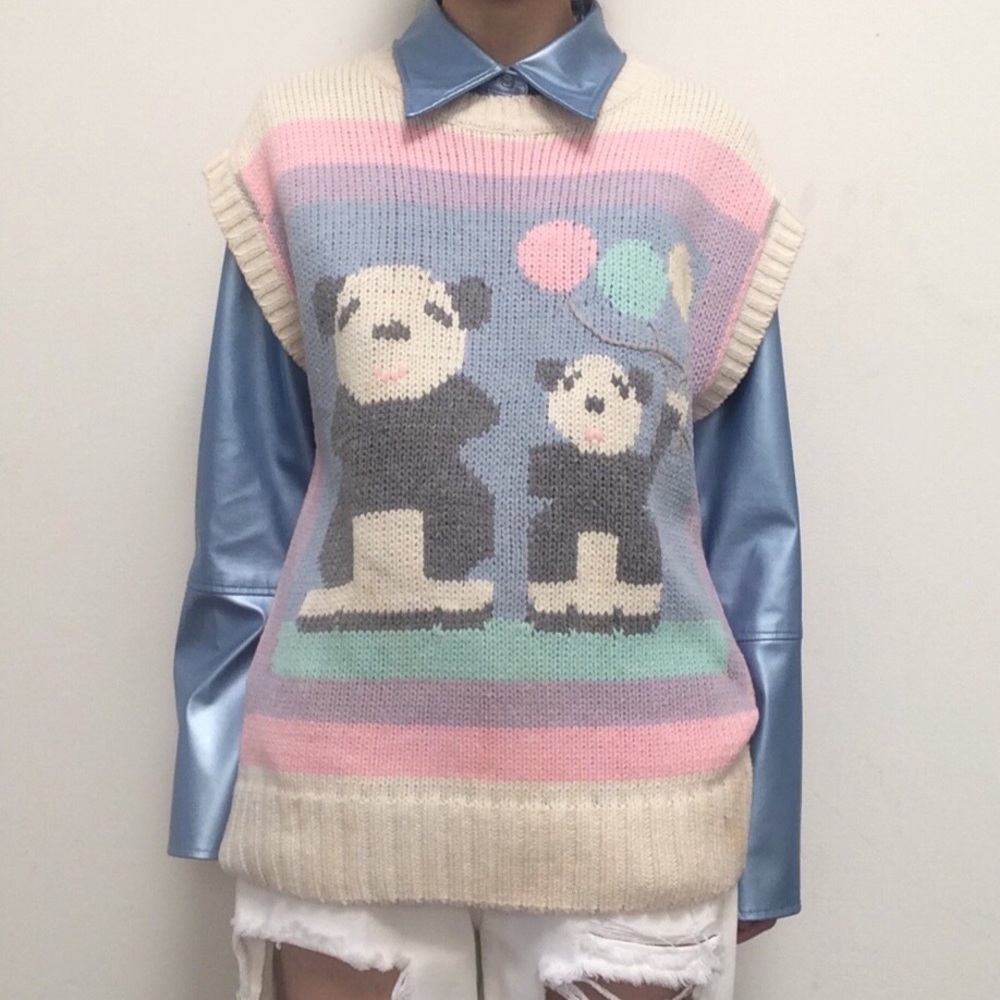 SOLD vtg 80s pastel panda novelty sweater vest top