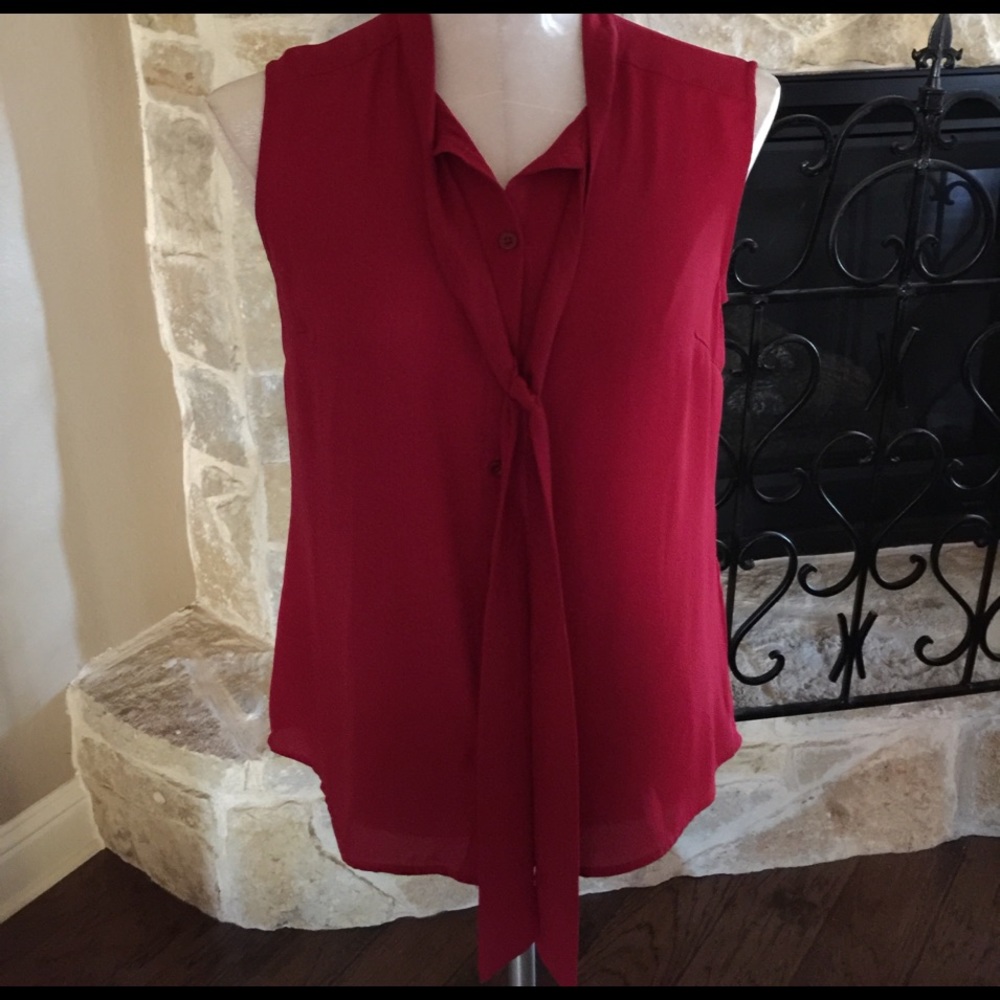 Red silky sleeveless button up Blouse with tie