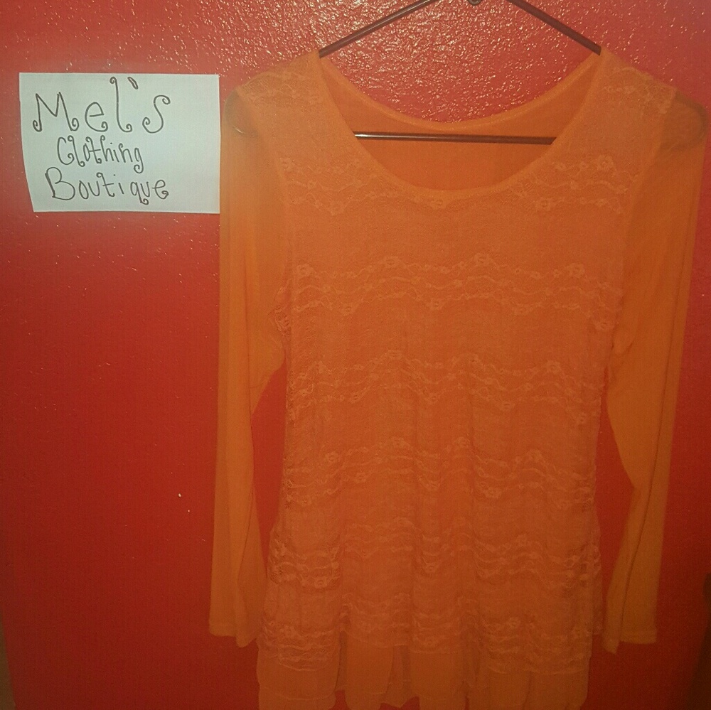 Long sleeve mesh and orange lace blouse