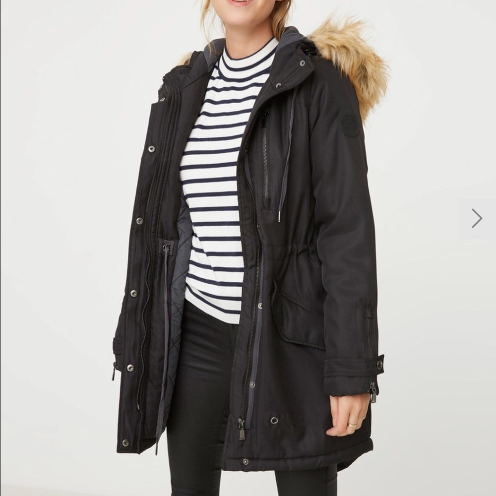 Down Filled Black parka with faux fur hood