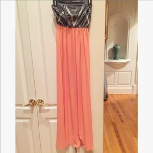 Strapless floor length coral and pattern dress