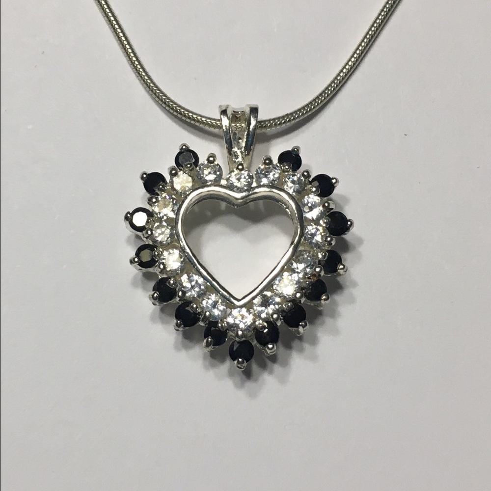 Black White Diamond Sterling Silver Heart Necklace