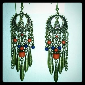 Beautiful dangle red and blue beaded earrings