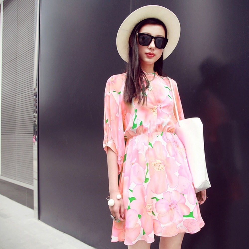🆕 Spring Pink Chiffon Floral Dress Elastic Waist