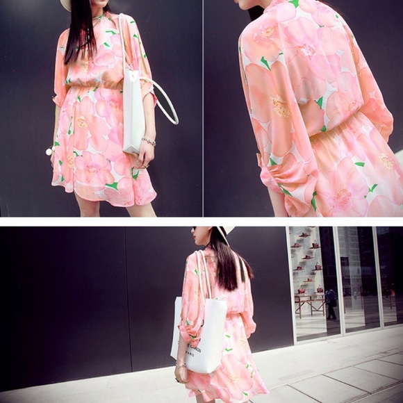 🆕 Spring Pink Chiffon Floral Dress Elastic Waist - Picture 4 of 6