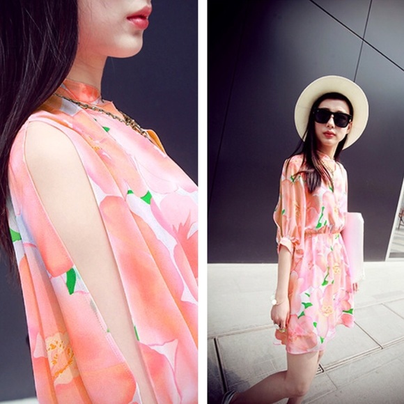 🆕 Spring Pink Chiffon Floral Dress Elastic Waist - Picture 5 of 6