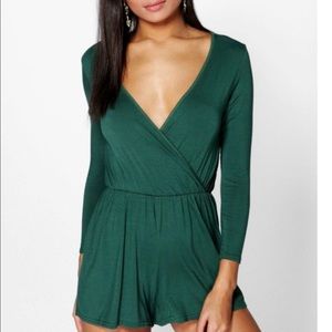 Green Long Sleeve Deep V Romper