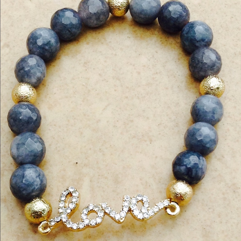 Gold Tone Crystal Love Black Bead Bracelet