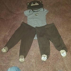 2 onesies, hat and matching pants