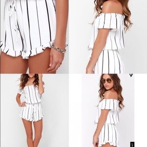 Pin stripe off the shoulder romper
