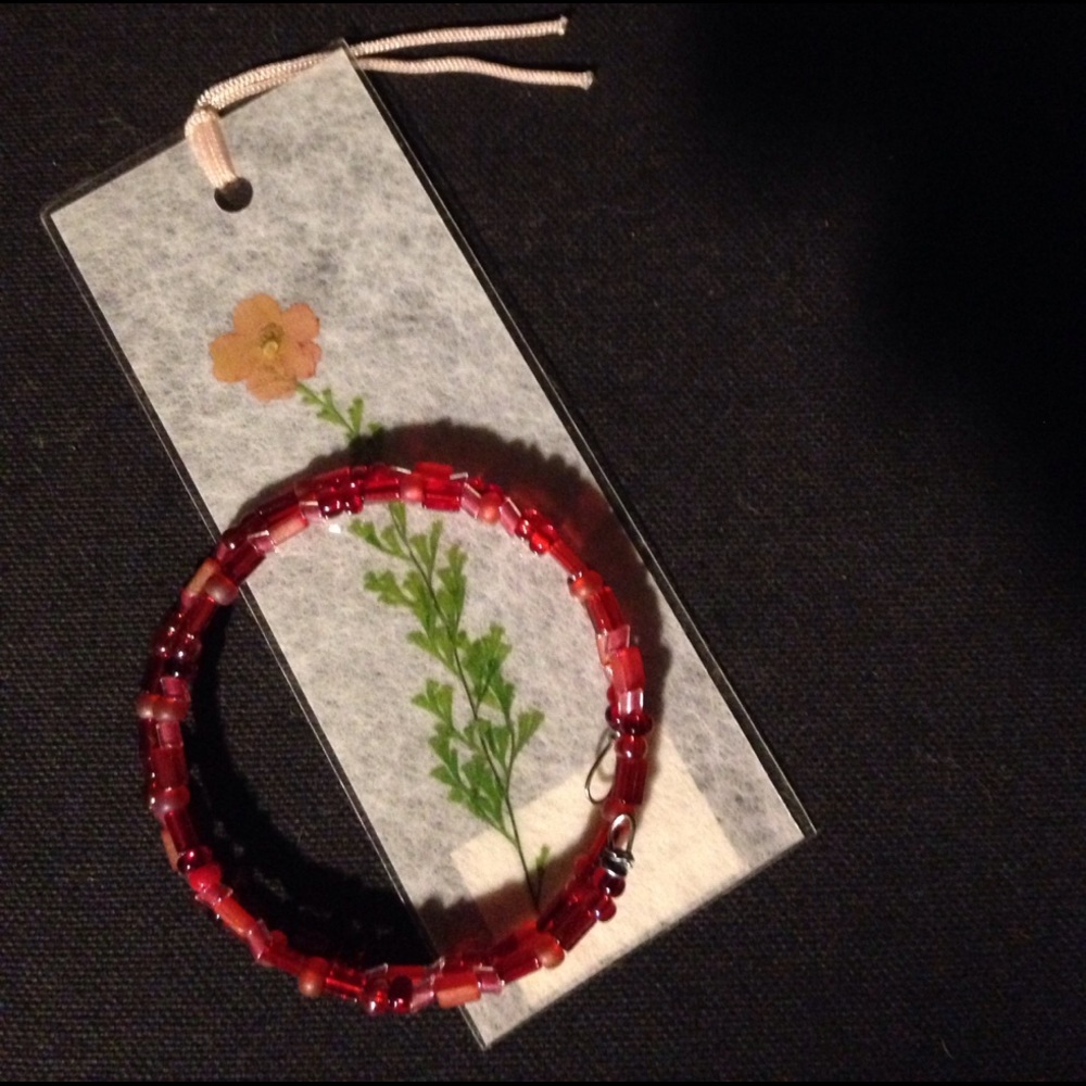 Wrap bracelet .red glass beads, memory wire