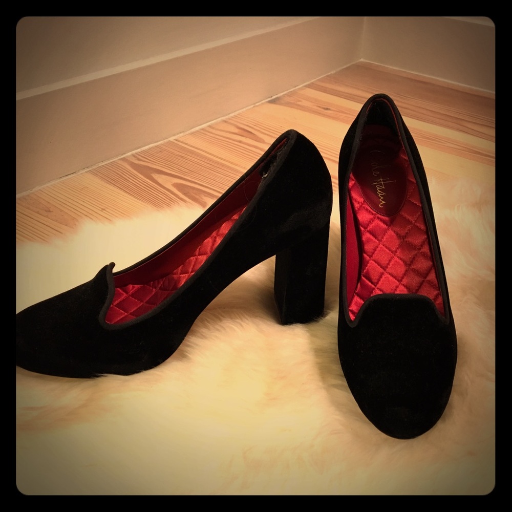 Black velvet platform heel Coach loafers