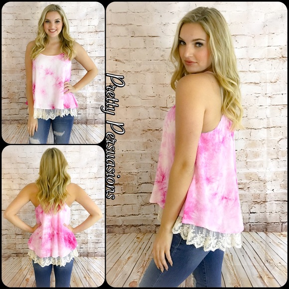 SOLD OUT Fuchsia Pink Tie Dyed Lace Trim Swing Top - Picture 2 of 6
