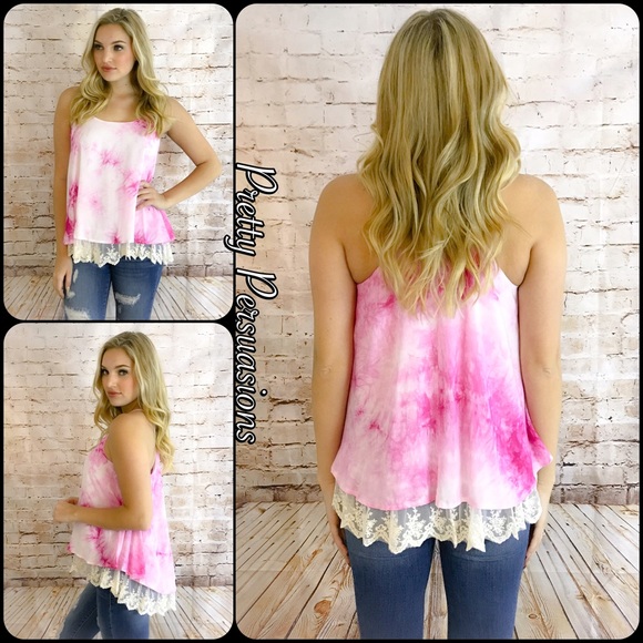 SOLD OUT Fuchsia Pink Tie Dyed Lace Trim Swing Top - Picture 3 of 6
