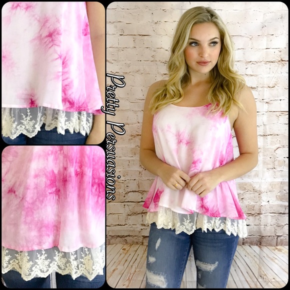 SOLD OUT Fuchsia Pink Tie Dyed Lace Trim Swing Top - Picture 5 of 6