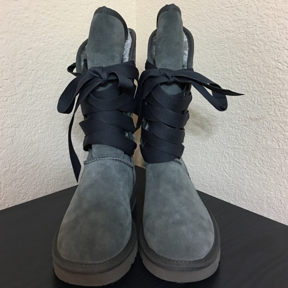 Gray ribbon ugg boots