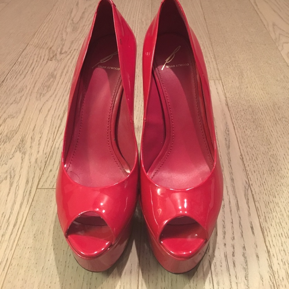 Brian Atwood red patent platform peep toe