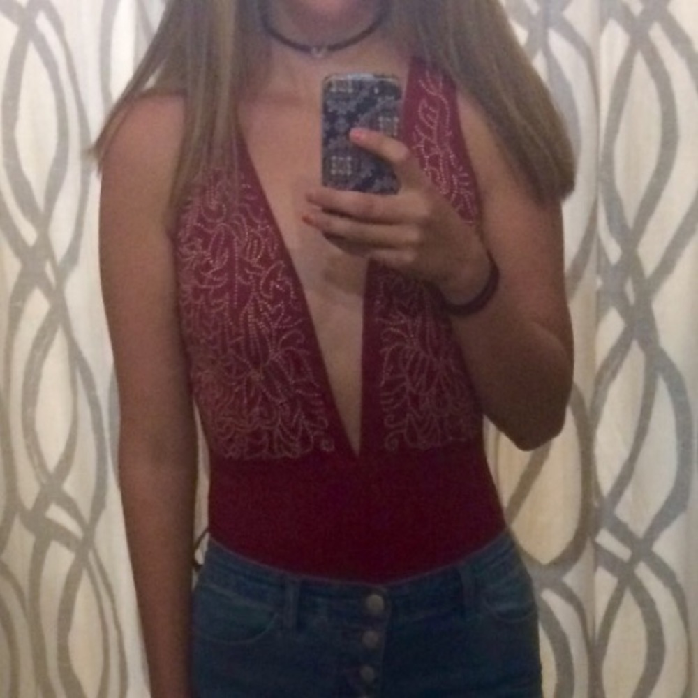 Maroon Bedazzled Thong Bodysuit