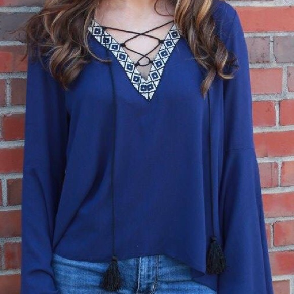 Navy blue bell sleeve top - Picture 2 of 3