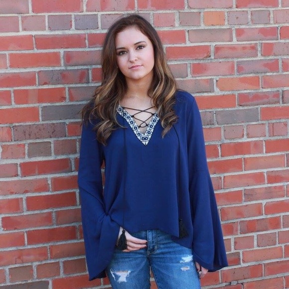 Navy blue bell sleeve top - Picture 3 of 3