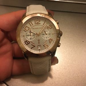 MK Gold/Rose Gold Face with White Leather Band