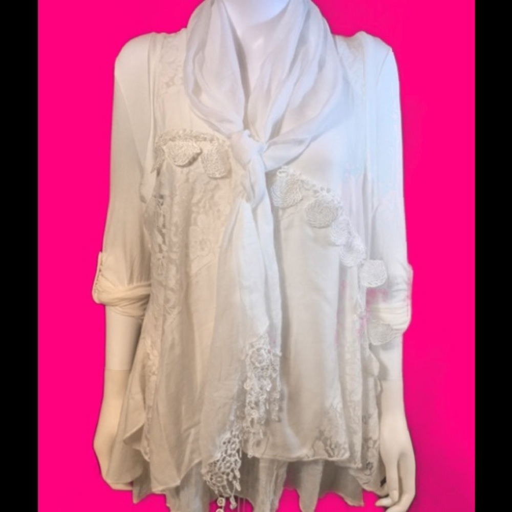 White 3 pc Blouse with lace and Sequins