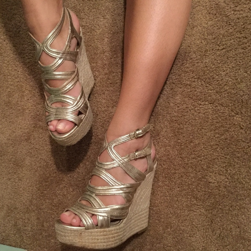 Gold strappy cork wedges